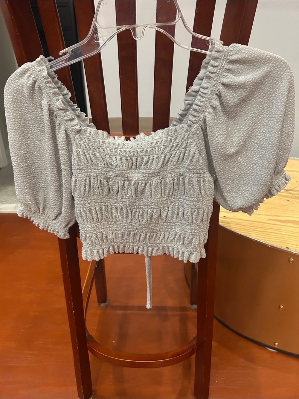 Urban Outfitters Light Gray Smocked Puff Sleeve Crop Top